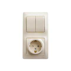GLOSSA БЛОК: РОЗЕТКА с заземлением со шторками + 2-клавишный ВЫКЛЮЧАТЕЛЬ БЕЖЕВЫЙ